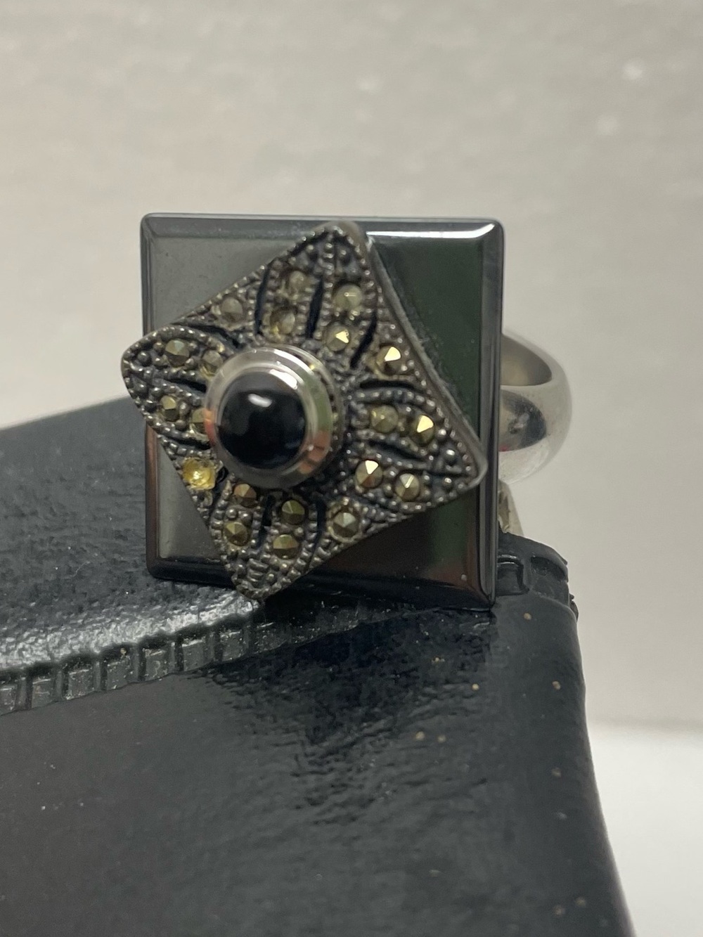 Staxx Interchangeable Ring Silver Tone Band Black Square Design With Crystals 7